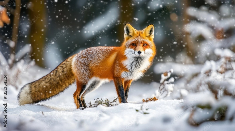 A red fox standing on a snowy landscape, its fluffy tail wrapped around its paws. A red fox standing on a snowy landscape, its fluffy tail wrapped around its paws.