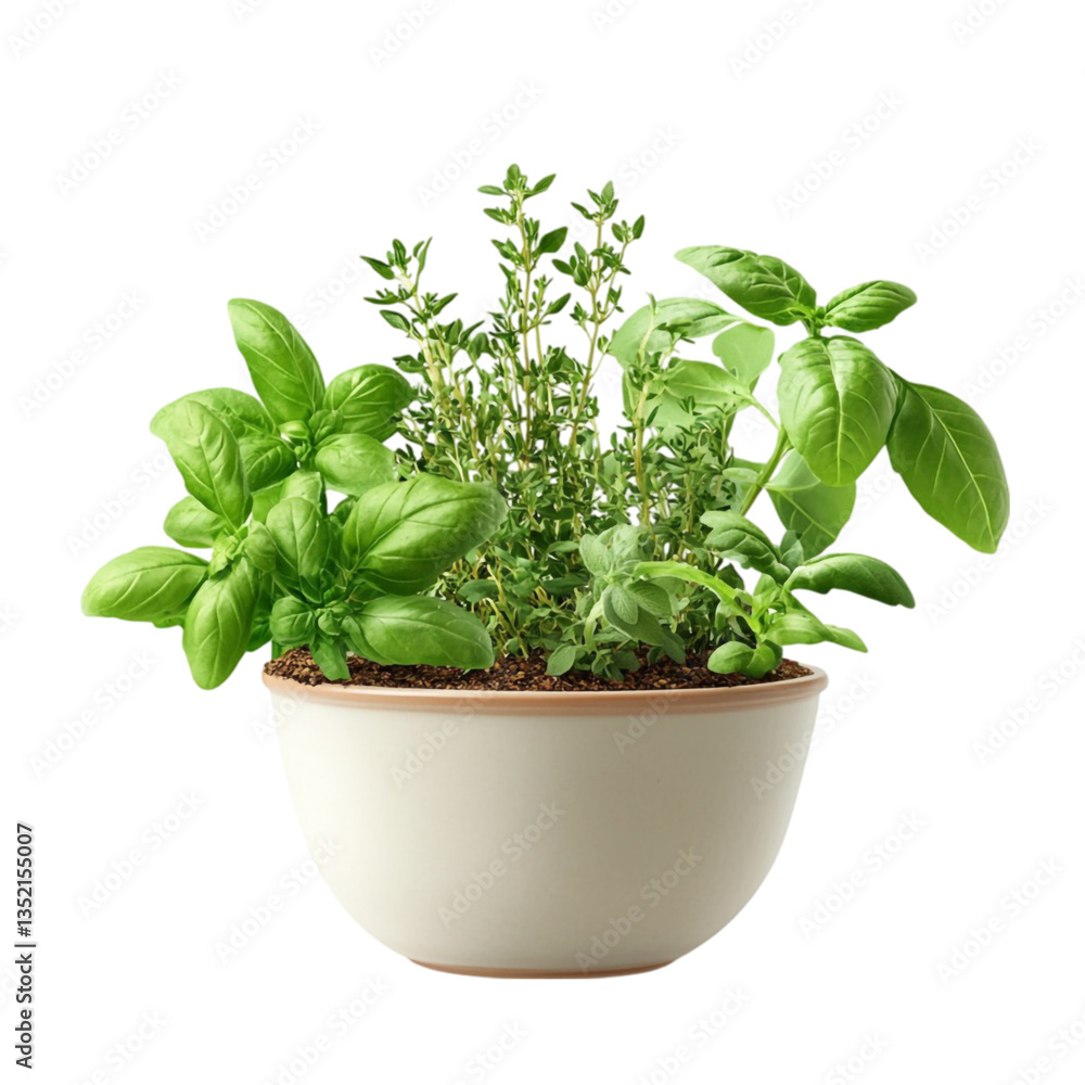 Fresh Herb Garden in White Bowl Green Basil Thyme Oregano Fresh Herb Garden in White Bowl Green Basil Thyme Oregano