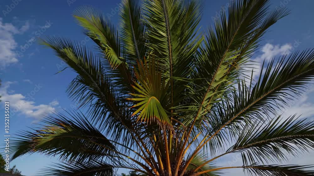 Wide-angle video of a palm tree on a sandy beach, capturing a serene, tropical vibe with a clear blue sky and lush greenery in the background. Wide-angle video of a palm tree on a sandy beach, capturing a serene, tropical vibe with a clear blue sky and lush greenery in the background.