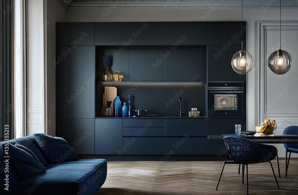 Fototapeta premium A small kitchen in an apartment with blue cabinets, modern interior design, a round table and chairs, a metallic ceiling lamp, a glass oven door