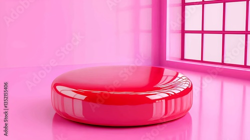 Glossy Red Cylindrical Platform in Minimalist Pink Room