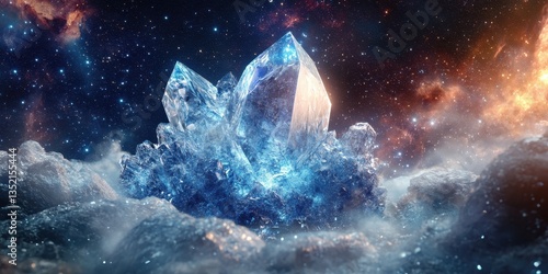 A large crystalline structure floating within a cosmic nebula scene
