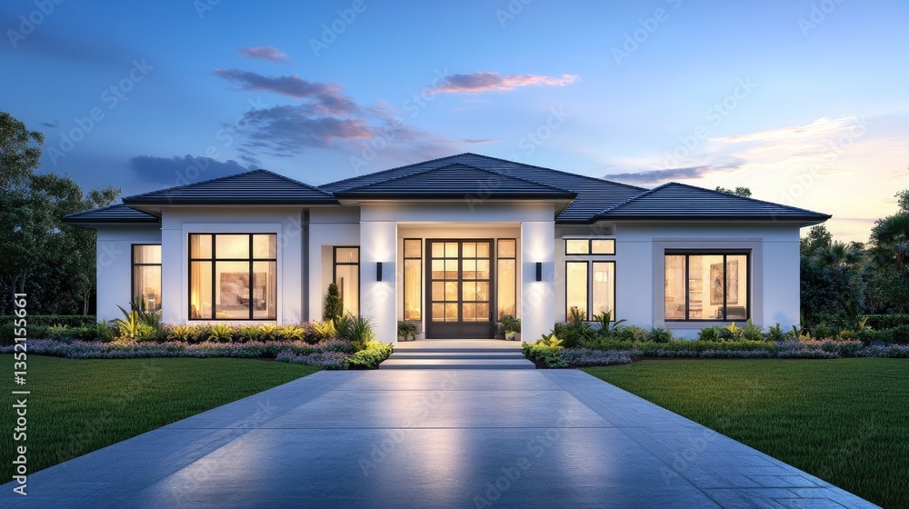 A modern, single-story house with large windows, white walls, and a gray roof. A modern, single-story house with large windows, white walls, and a gray roof.