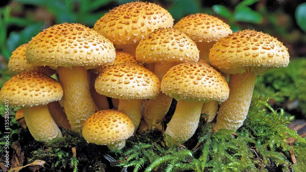 Clusters of yellow mushrooms emerge from the forest floor, surrounded by green moss in a spring setting Clusters of yellow mushrooms emerge from the forest floor, surrounded by green moss in a spring setting