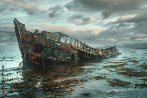 Wallpaper Mural Desolate Shipwreck: Nature Reclaims a Decaying Vessel in Coastal Waters Torontodigital.ca