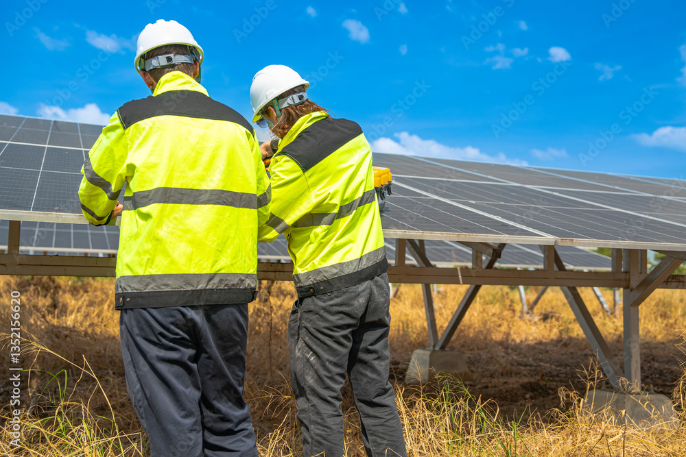 Team engineers in a high visibility jacket performs an inspection on the underside of a solar panel installation at a solar farm, emphasizing renewable energy infrastructure under bright skies. Team engineers in a high visibility jacket performs an inspection on the underside of a solar panel installation at a solar farm, emphasizing renewable energy infrastructure under bright skies.