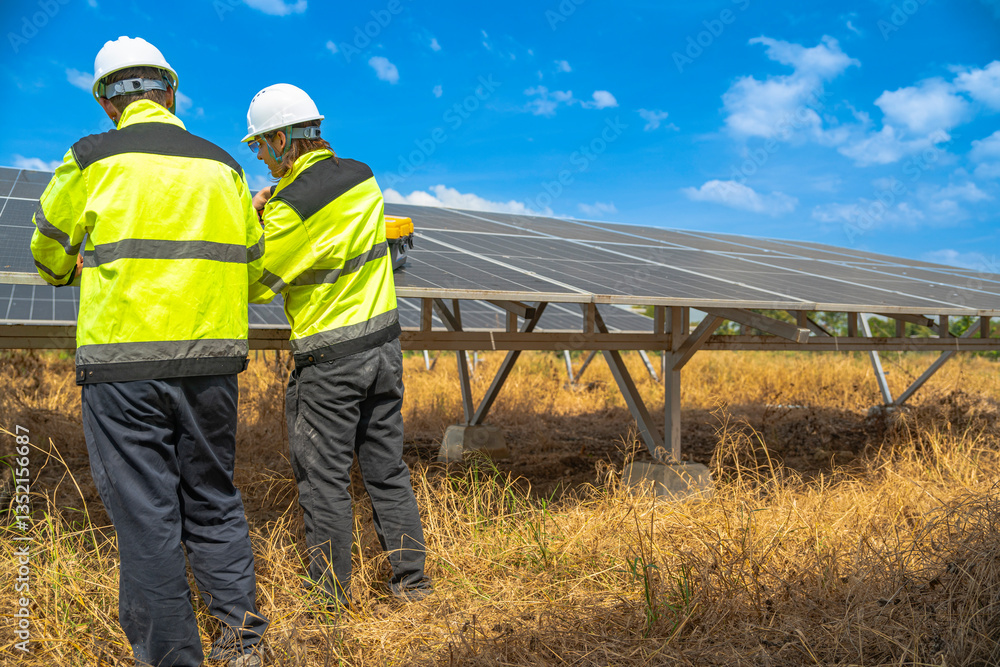 Team engineers in a high visibility jacket performs an inspection on the underside of a solar panel installation at a solar farm, emphasizing renewable energy infrastructure under bright skies. Team engineers in a high visibility jacket performs an inspection on the underside of a solar panel installation at a solar farm, emphasizing renewable energy infrastructure under bright skies.