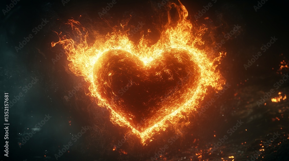 Heart Engulfed in Bright Flames, Contrasting a Dark, Simple Backdrop Heart Engulfed in Bright Flames, Contrasting a Dark, Simple Backdrop