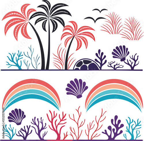 Tropical Vibes with Palms, Rainbows, and Ocean Elements