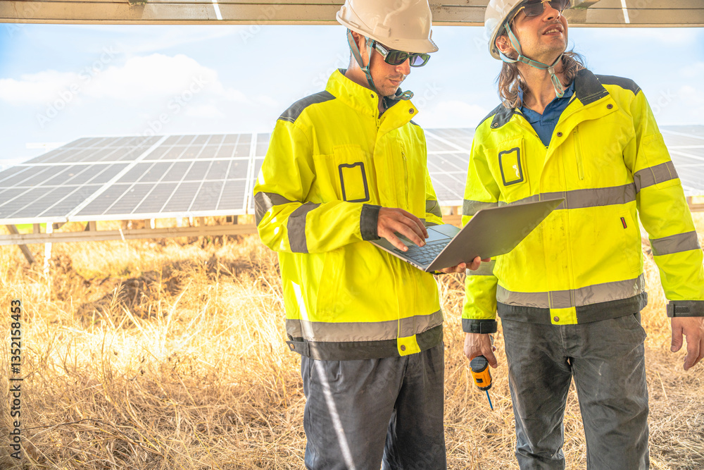 Two solar technicians in bright reflective jackets and helmets are inspecting the wiring under solar panels. One holds laptop for data logging, while the other examines electrical connections closely. Two solar technicians in bright reflective jackets and helmets are inspecting the wiring under solar panels. One holds laptop for data logging, while the other examines electrical connections closely.