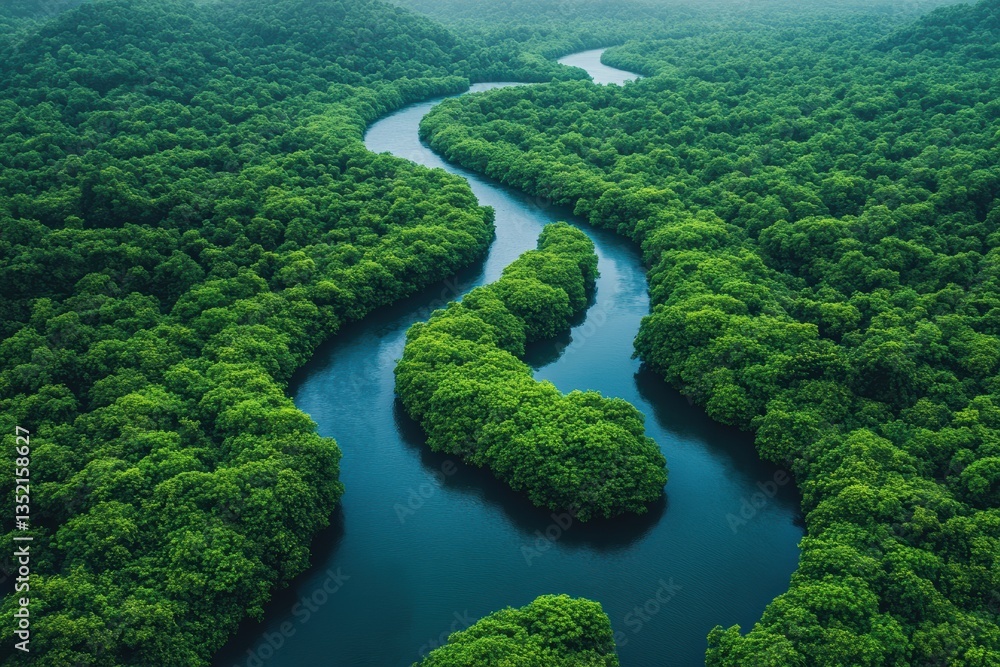 Aerial view of a winding river surrounded by lush greenery, showcasing the beauty and serenity of untouched nature. Aerial view of a winding river surrounded by lush greenery, showcasing the beauty and serenity of untouched nature.