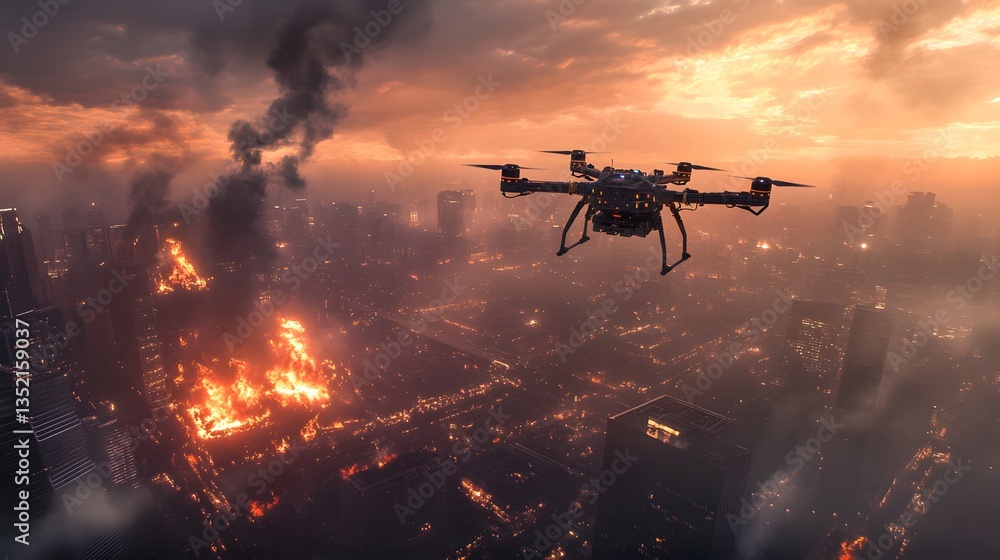 Naklejka premium view of a city with a fire and smoke billowing from the sky and a drone frying on it