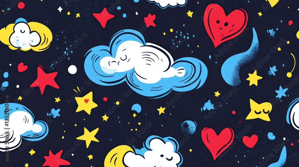 Whimsical Dreamy Night Sky Pattern: A Colorful Hand-Drawn Illustration Featuring Clouds, Stars, and Hearts Whimsical Dreamy Night Sky Pattern: A Colorful Hand-Drawn Illustration Featuring Clouds, Stars, and Hearts
