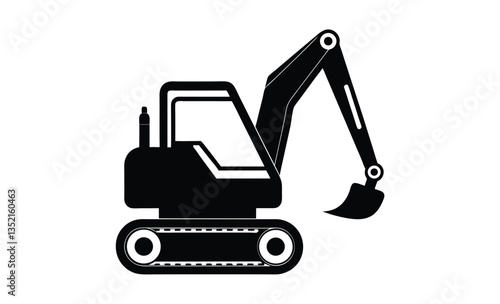 Mini excavator silhouette, construction vehicle vector illustration