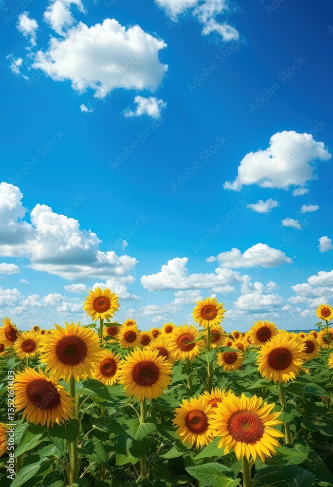 Obraz premium Vast sunflower field under a vibrant blue sky dotted with fluffy white clouds, texture, bright, photography