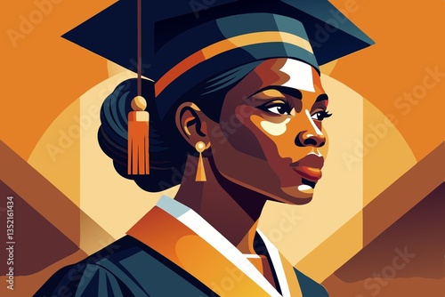 Young black woman wearing a black graduation cap.  Geometric portrait
