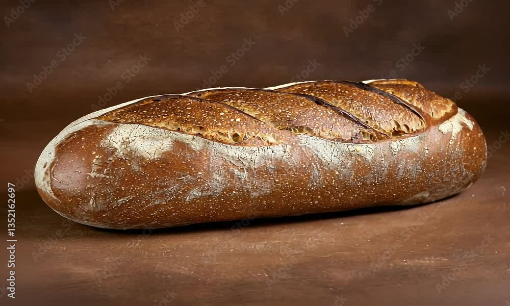 Rustic sourdough bread loaf on brown background, perfect for baking recipes or food blogs Rustic sourdough bread loaf on brown background, perfect for baking recipes or food blogs
