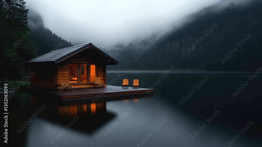 Fototapeta premium Cozy Lakeside Cabin in Misty Mountains