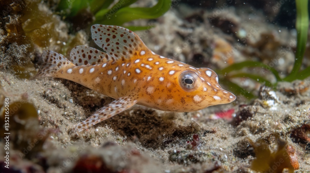 A spotted handfish walking along the ocean floor, its fins resembling tiny legs. A spotted handfish walking along the ocean floor, its fins resembling tiny legs.
