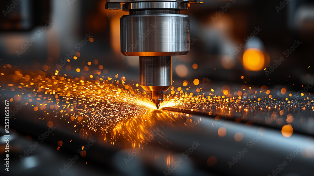 CNC machine cutting metal with bright orange sparks flying, precision manufacturing process in industrial workshop for engineering and metalworking CNC machine cutting metal with bright orange sparks flying, precision manufacturing process in industrial workshop for engineering and metalworking