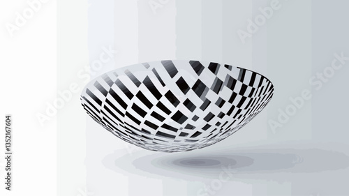 A digital illustration depicting a shallow, bowl-shaped form. The bowl is filled with a geometric pattern composed of black and white rectangular shapes that radiate outwards from the center.  The