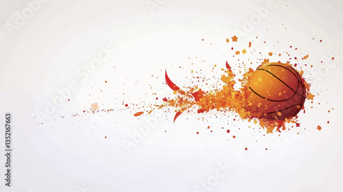 An illustration of a basketball depicted in an abstract style. The basketball appears to be in motion, with a trail of orange and red splatters extending behind it, suggesting speed and impact. The