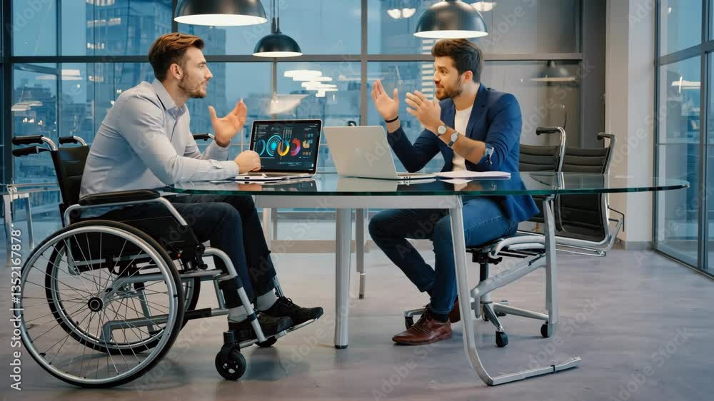 Two men work and talk in a modern office, one of them sitting in a wheelchair, representing professional collaboration and inclusion in a dynamic business environment Two men work and talk in a modern office, one of them sitting in a wheelchair, representing professional collaboration and inclusion in a dynamic business environment