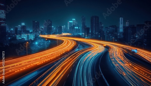 The illuminated urban highway leading into the futuristic cityscape at night