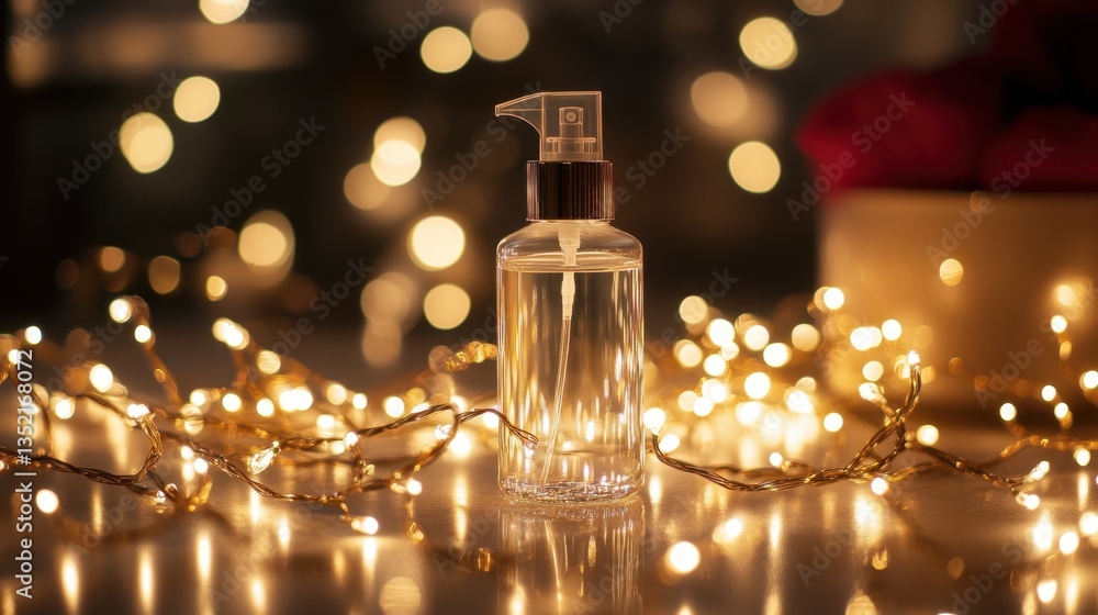 A translucent setting spray bottle surrounded by soft, glowing fairy lights. A translucent setting spray bottle surrounded by soft, glowing fairy lights.