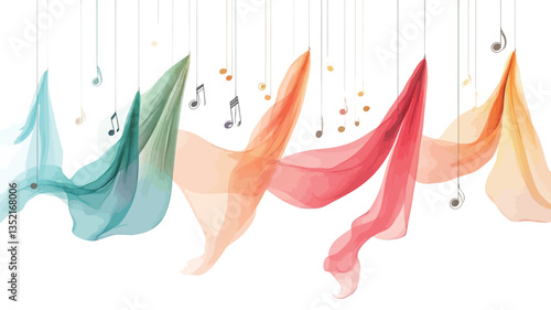 The image shows several pieces of sheer fabric in pastel colors (teal, green, orange, coral, pink, and gold) hanging and flowing from thin strings against a pure white background.  Musical notes