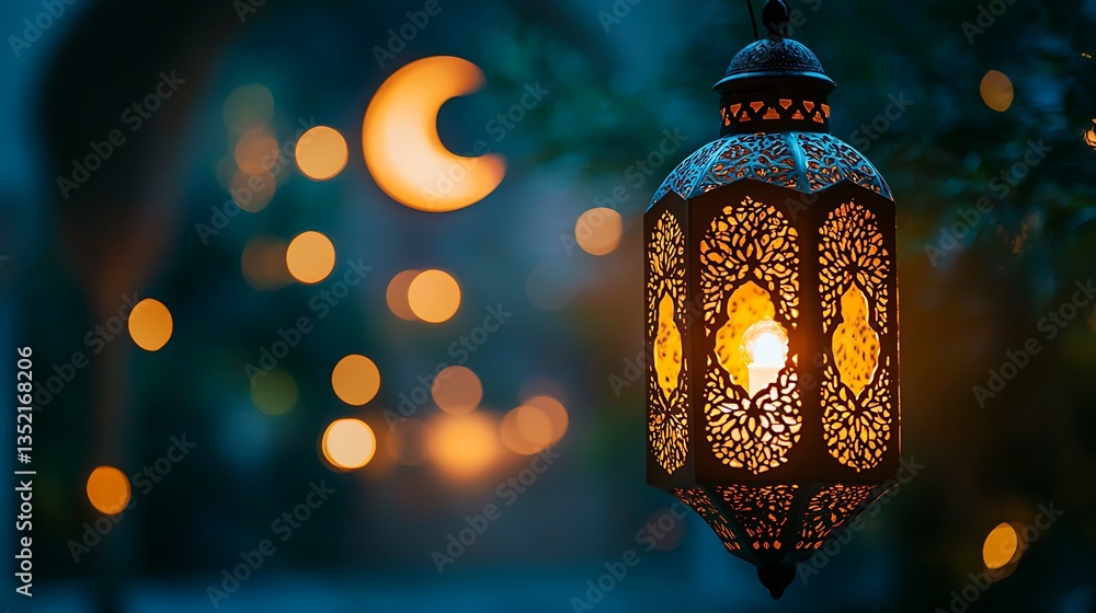 Illuminated ornate lantern hanging, crescent moon backdrop. Illuminated ornate lantern hanging, crescent moon backdrop.