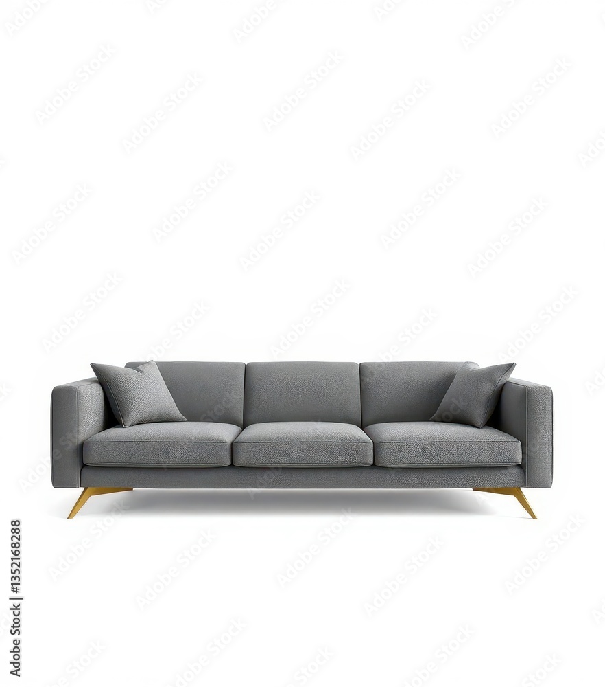 Fototapeta premium Modern gray fabric sofa isolated on white background, pillow, comfortable, couch