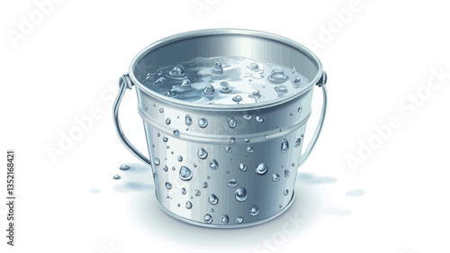 A digital illustration of a silver metal bucket partially filled with water.  Water droplets are visible on the outside of the bucket and on the surface near the bucket. The bucket has a simple