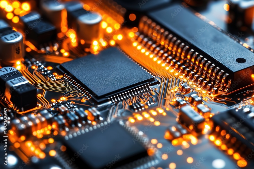 Illuminated Circuit Board Close-up of Microchip and Electronic Components Illuminated Circuit Board Close-up of Microchip and Electronic Components