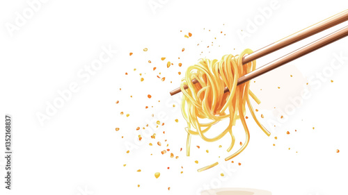 Close-up shot of light golden yellow spaghetti being lifted by wooden chopsticks against a stark white background.  Small golden particles are dispersed around the spaghetti, creating a sparkling