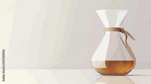 Close-up studio shot of a glass coffee brewer, shaped like an hourglass, containing a light amber-colored liquid.  The carafe is tied with a light brown leather or fabric cord. The background is a