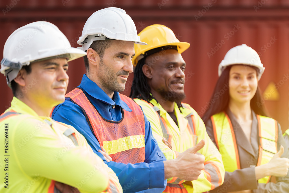 Workers and container cargo site. Group of male and female container yard workers standing together with crossed arms, wearing safety uniform and helmet. Unity and teamwork concept Workers and container cargo site. Group of male and female container yard workers standing together with crossed arms, wearing safety uniform and helmet. Unity and teamwork concept