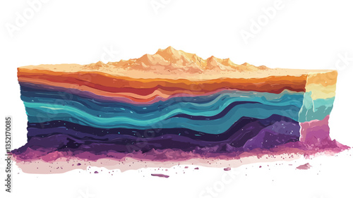 A stylized illustration depicting a cross-section of geological layers.  The layers are represented by horizontal bands of varying colors, ranging from deep purples and blues at the bottom to