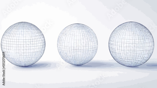 The image depicts three translucent, spherical objects arranged in a row against a bright white background.  Each sphere displays a subtle, repeating linear pattern resembling a grid.  Soft shadows