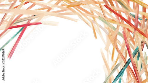 High-angle, close-up view of numerous slender, multicolored straws arranged to create a frame against a pure white background.  The straws vary in color from pale yellows and oranges to deeper reds