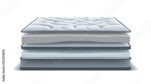 A digital rendering showing a cross-section of a mattress, revealing multiple layers of varying colors and textures, including what appears to be foam layers and a quilted top layer. The layers are