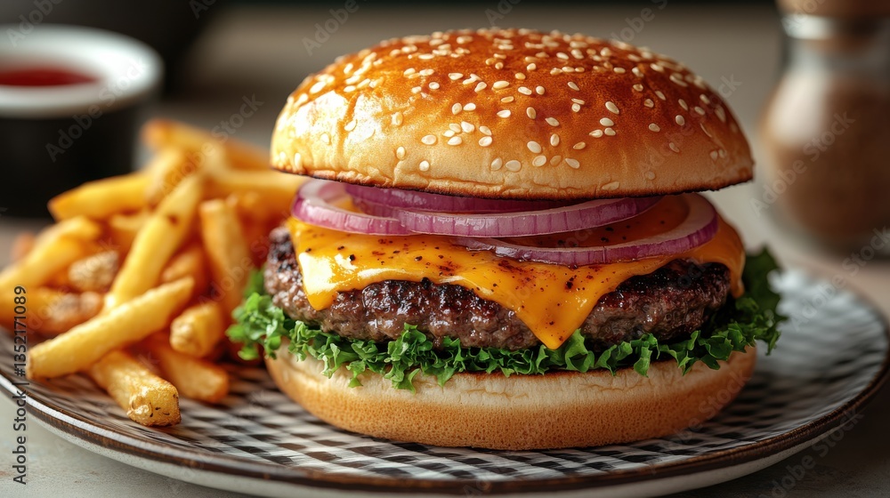 Delightful cheeseburger paired with crispy golden fries on a retro checkered plate, evoking the charm of 1950s diners and vintage cuisine aesthetics Delightful cheeseburger paired with crispy golden fries on a retro checkered plate, evoking the charm of 1950s diners and vintage cuisine aesthetics