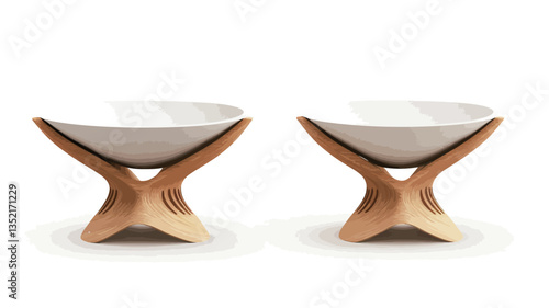 Two identical shallow, white ceramic bowls are displayed. Each bowl rests on a unique, sculpted wooden stand with a natural brown finish. The stands feature a Y-shaped base, extending upwards to
