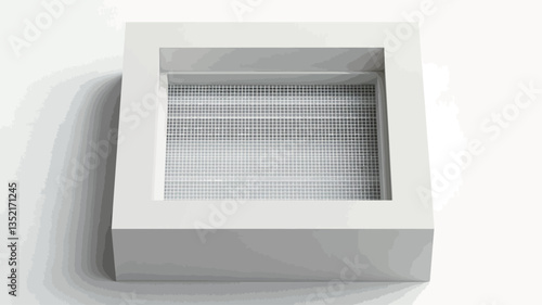 High-angle, close-up studio shot of a small, white rectangular display case or box. The case has a raised border around a recessed inner compartment with subtle horizontal lines or dividers visible