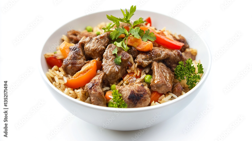beef rice dish isolated on white back ground beef rice dish isolated on white back ground