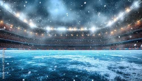 Snow-covered football stadium during a winter match with bright lights illuminating the field