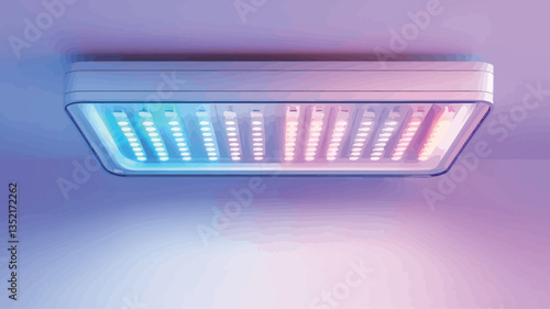 High-angle, close-up view of a rectangular LED ceiling light fixture. The light is white with a translucent panel emitting pink and blue light.  The light appears to be emitting a mix of cool and