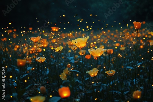 Glowing flowers and lights create a beautiful nighttime meadow scene