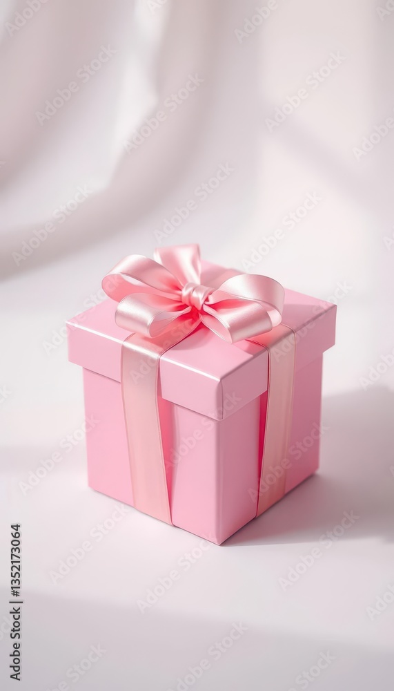 Fototapeta premium A charming pink gift box adorned with a delicate pink ribbon bow, item, pink ribbon, shiny