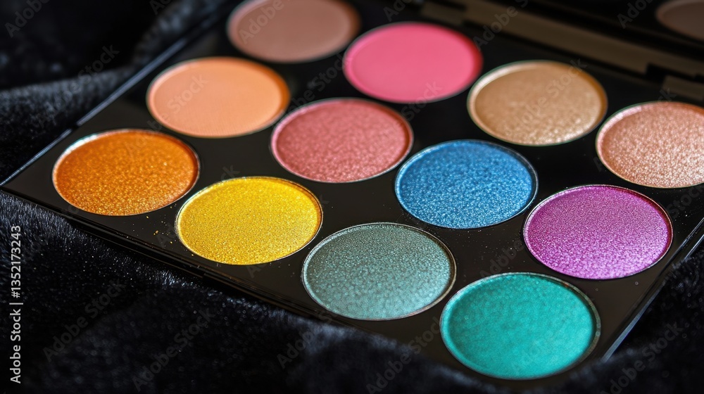 A vibrant rainbow-themed eyeshadow palette arranged on a black velvet surface with soft lighting. A vibrant rainbow-themed eyeshadow palette arranged on a black velvet surface with soft lighting.
